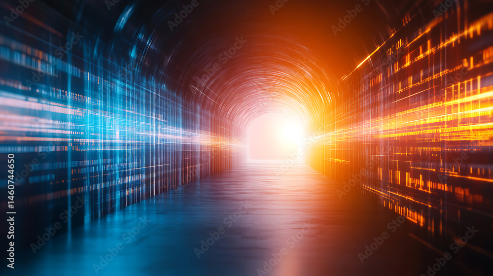 Poster dynamic light trails in a futuristic tunnel digital art tech environment perspective view conceptual