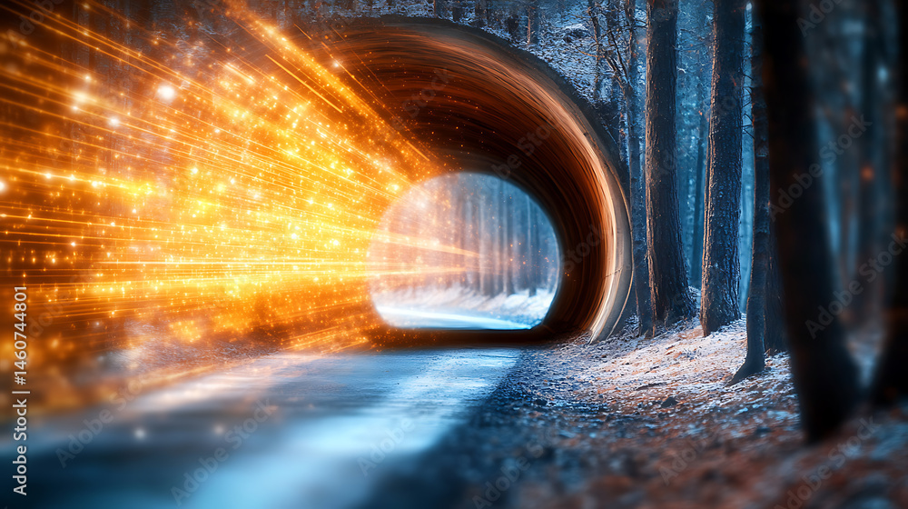 Poster dynamic light burst through a forest tunnel nature scene digital art enchanted environment invigorat