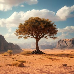 Majestic Tree Standing Alone in Desert Landscape Under Blue Sky