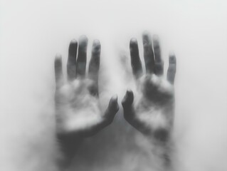 translucent hands on foggy glass, monochromatic, mysterious, ethereal, somber atmosphere