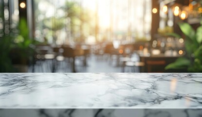 Empty marble table top in front of a blurred cafe
