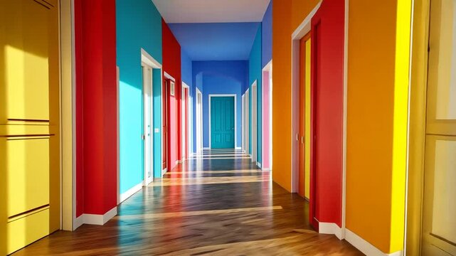 Brightly Colored Hallway with Multiple Doors