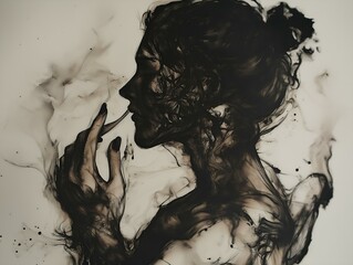 abstract ink portrait, female face, flowing lines, dark tones, artistic, expressive, monochrome