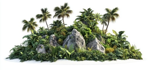 Fototapeta premium Lush Tropical Island with Palm Trees and Gray Rocks