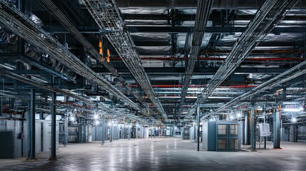 Industrial facility interior with complex mechanical systems.