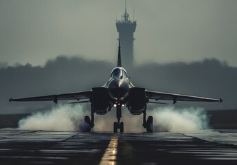 Military Jet Taking Off on Runway Under Grey Sky
