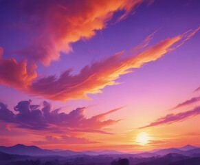 Fototapeta premium Dreamy sunset sky, vibrant orange and purple watercolor blend , ethereal, painting