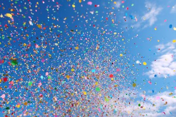 Colorful confetti fills a vibrant sky