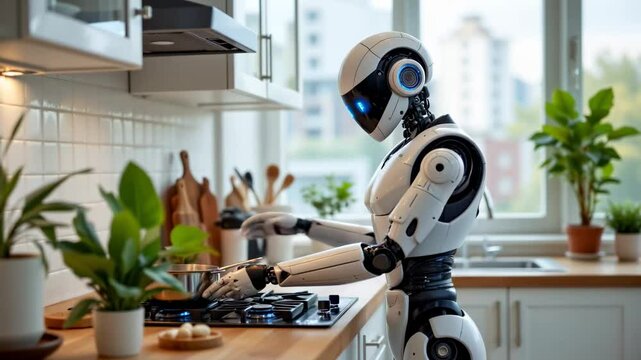 Robot Chef Cooking in Modern Kitchen with Green Plants and Utensils