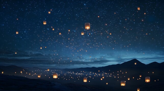 Sky filled with floating lanterns at night