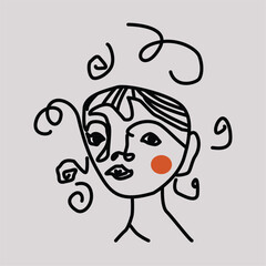 Minimalist Vector Image of a Woman's Portrait with a Single Solid Color on the Cheek and Black Curving Hair Shapes