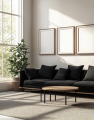 Fototapeta premium Modern Minimalist Living Room with Black Sofa and Natural Light