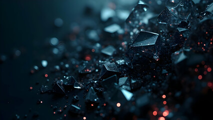 Shattered glass fragments with iridescent reflections in soft cinematic light, futuristic abstract background with neon metallic glow, luxury tech-inspired digital composition