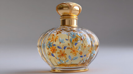 Elegant glass perfume bottle with a gold cap and floral patterns, displayed against a soft gray background.