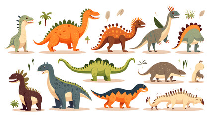 Detailed Vector Flat Style Set of Colorful Prehistoric Dinosaurs for Educational Materials and Children's Books