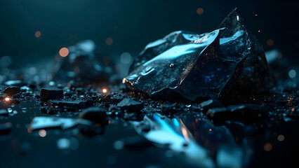 Shattered glass fragments with iridescent reflections in soft cinematic light, futuristic abstract background with neon metallic glow, luxury tech-inspired digital composition