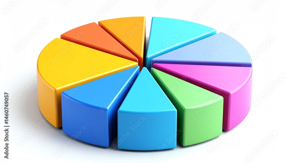 Aufkleber a colorful 3d pie chart with twelve segments, each in a different color, displayed on a white backgr