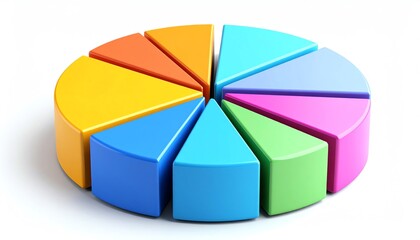Fototapeta premium A colorful 3D pie chart with twelve segments, each in a different color, displayed on a white background.