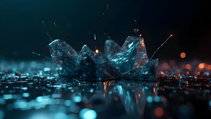 Shattered glass fragments with iridescent reflections in soft cinematic light, futuristic abstract background with neon metallic glow, luxury tech-inspired digital composition