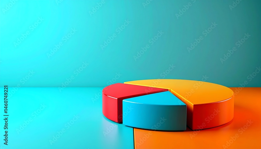 Poster a colorful 3d pie chart sits on a split blue and orange background, representing data visualization 