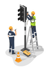 Fototapeta na wymiar Technicians repairing traffic light wiring system on a ladder with tools and safety equipment during urban signal maintenance work isometric