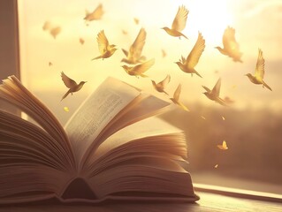 open book with birds and golden light, soft glow, wooden surface, magical scene, fantasy setting