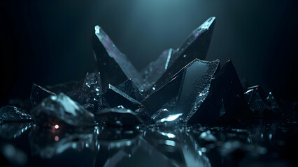 Shattered glass fragments with iridescent reflections in soft cinematic light, futuristic abstract background with neon metallic glow, luxury tech-inspired digital composition