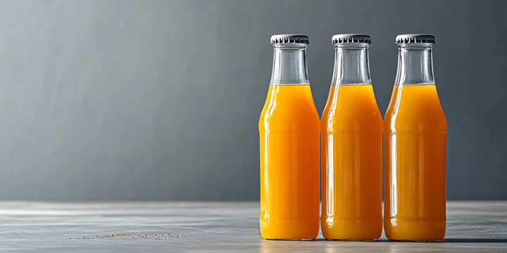 Three glass bottles filled with bright orange juice stand neatly on a gray surface. - Powered by Adobe