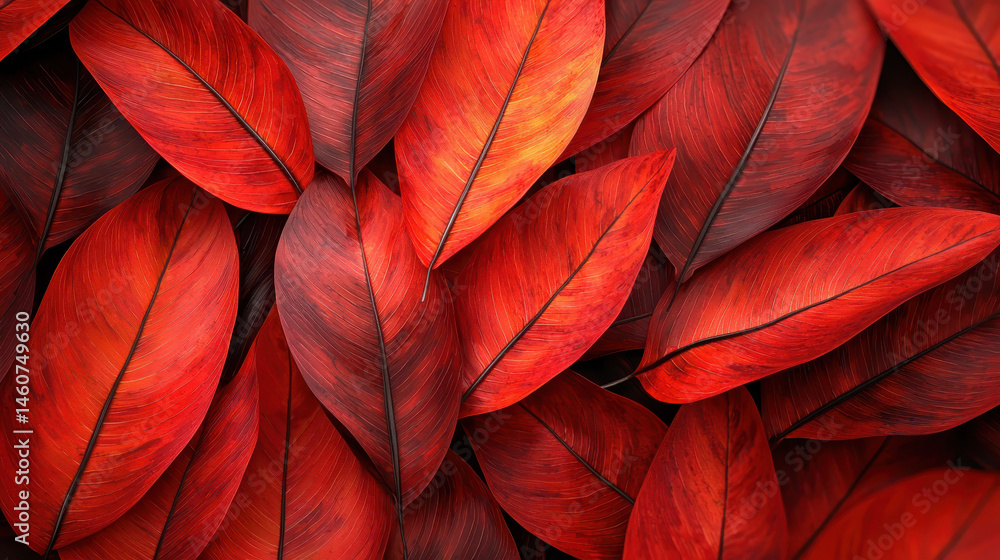 Poster an abstract 4k background showcases a realistic collection of 3d vibrant red leaves with intricate d