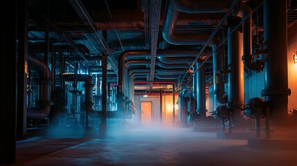 Industrial pipes and machinery in a dark factory interior.