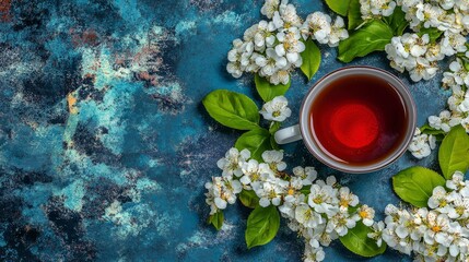 Spring flowers and a tea cup in a flat lay top view on a pastel background, offering text space and boasting high-resolution, high-definition contest-winning stock quality.
