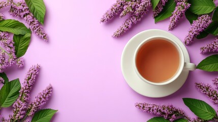 Contest-winning stock photo: pastel-background flat lay top view of a tea cup with spring flowers, text space included and high resolution for premium detail.