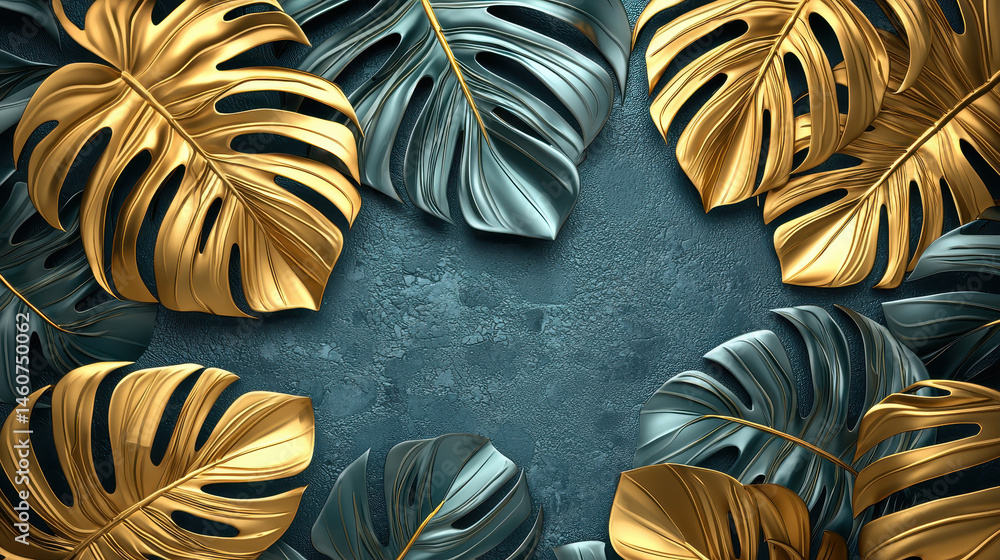 Poster elegant 3d background featu realistic monstera leaf motifs in gold and silver tones creating a luxur