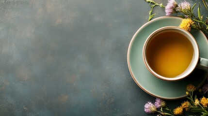 Pastel-hued flat lay top view of a tea cup and spring flowers, featuring text space and contest-winning stock quality with high resolution and sharp details.