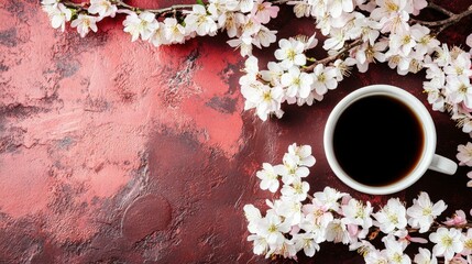 Top-view flat lay of a tea cup with spring flowers on a pastel background, featuring space for text and high-resolution, contest-winning stock quality with intricate details.