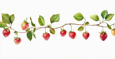 Red Strawberries and Green Leaves on White Background
