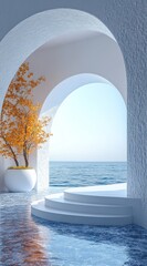 Tranquil seaside archway with vibrant foliage.