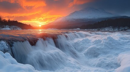 Fototapeta premium Majestic mountain sunset over snowy falls cascade in a frigid landscape