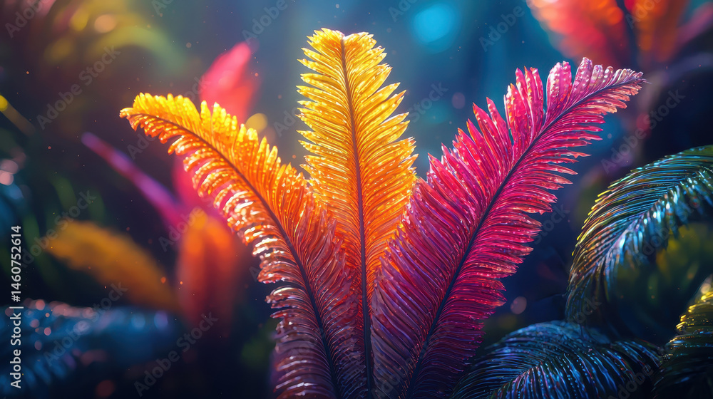 Poster side view of abstract 3d plant with realistic textured leaves in vivid colors, a botanical backgroun