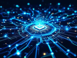 Futuristic artificial intelligence network with glowing data connections and digital nodes. Concept of advanced technology, machine learning, and interconnected systems in a high-tech environment