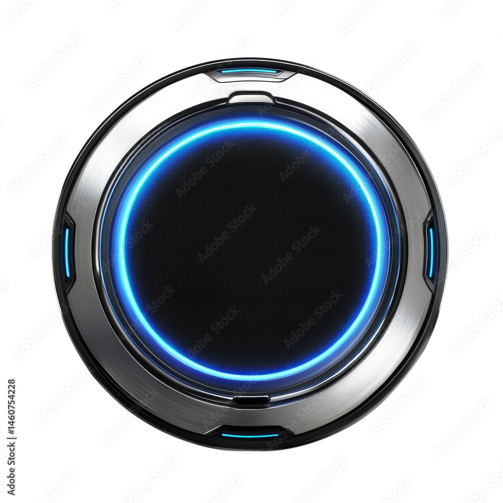 Poster futuristic metallic circular interface element with luminous blue neon glow effect, isolated graphic