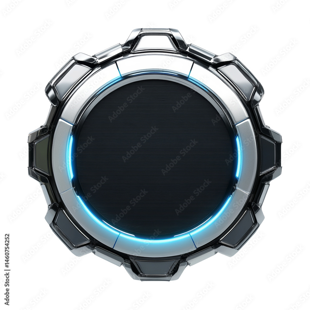 Poster futuristic circular design with metallic border and internal glowing blue accent,isolated artwork
