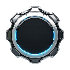 Futuristic circular design with metallic border and internal glowing blue accent,isolated artwork