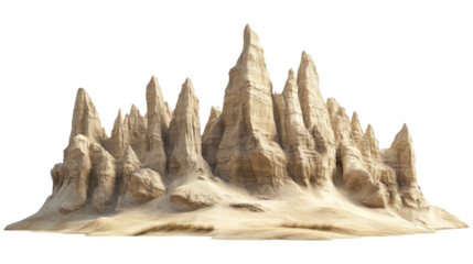 Sculpted sandstone formations rising dramatically against an isolated transparent setting