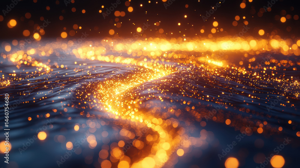 Poster a 4k realistic artistic abstraction showing a detailed 3d background with golden light trails flowin