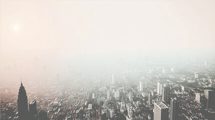 wide-angle cityscape covered in thick smog, silhouettes of skyscrapers barely visible, hazy muted color palette