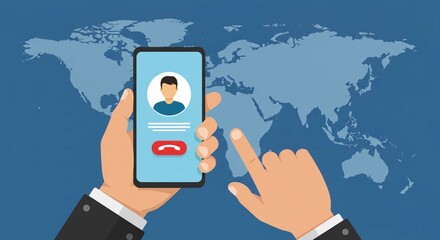 Hand holding smartphone with call interface against world map  