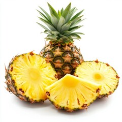 Fresh pineapple with slices, vibrant yellow flesh, and green leaves