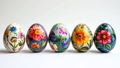 Five decorative eggs with colorful, hand-painted floral designs are arranged in a row on a plain background.