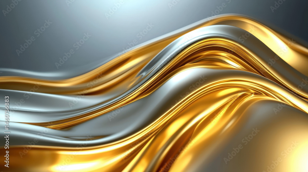 Poster realistic 4k 3d background displaying an artistic flow with silver and gold waves from a side angle,